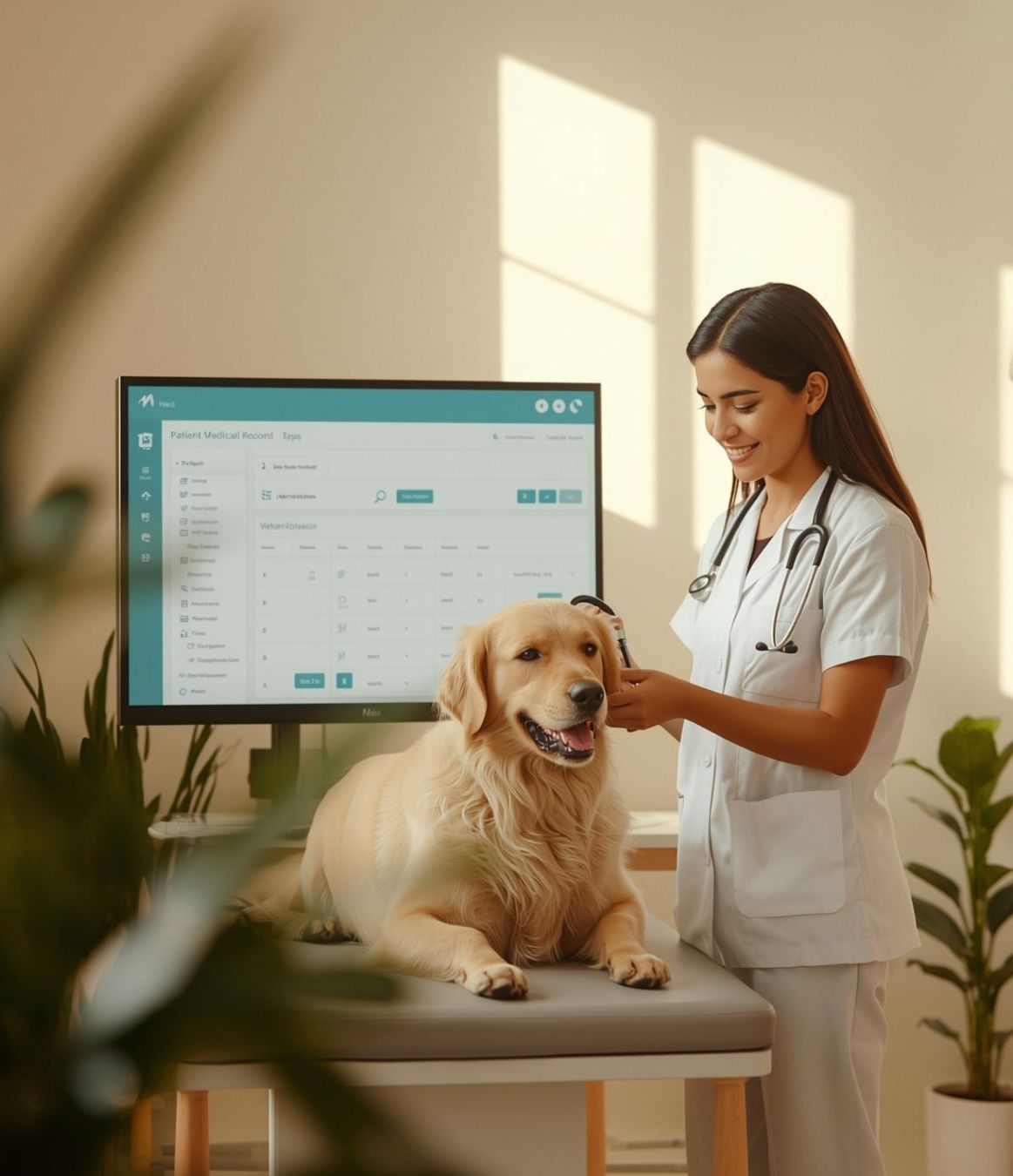Veterinaria atendiendo a un golden retriever en consulta