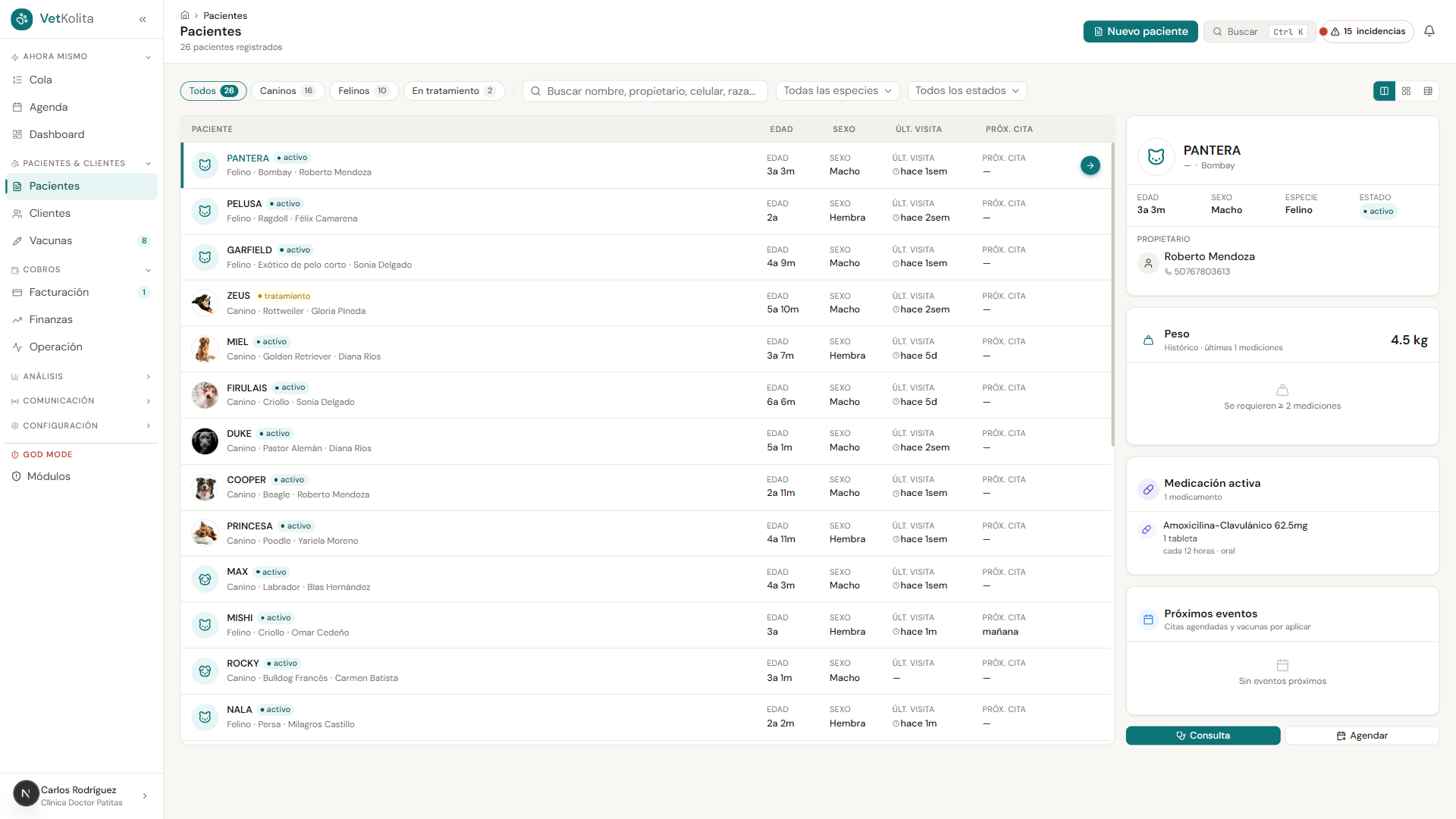 Lista de pacientes con panel de preview — VetKolita