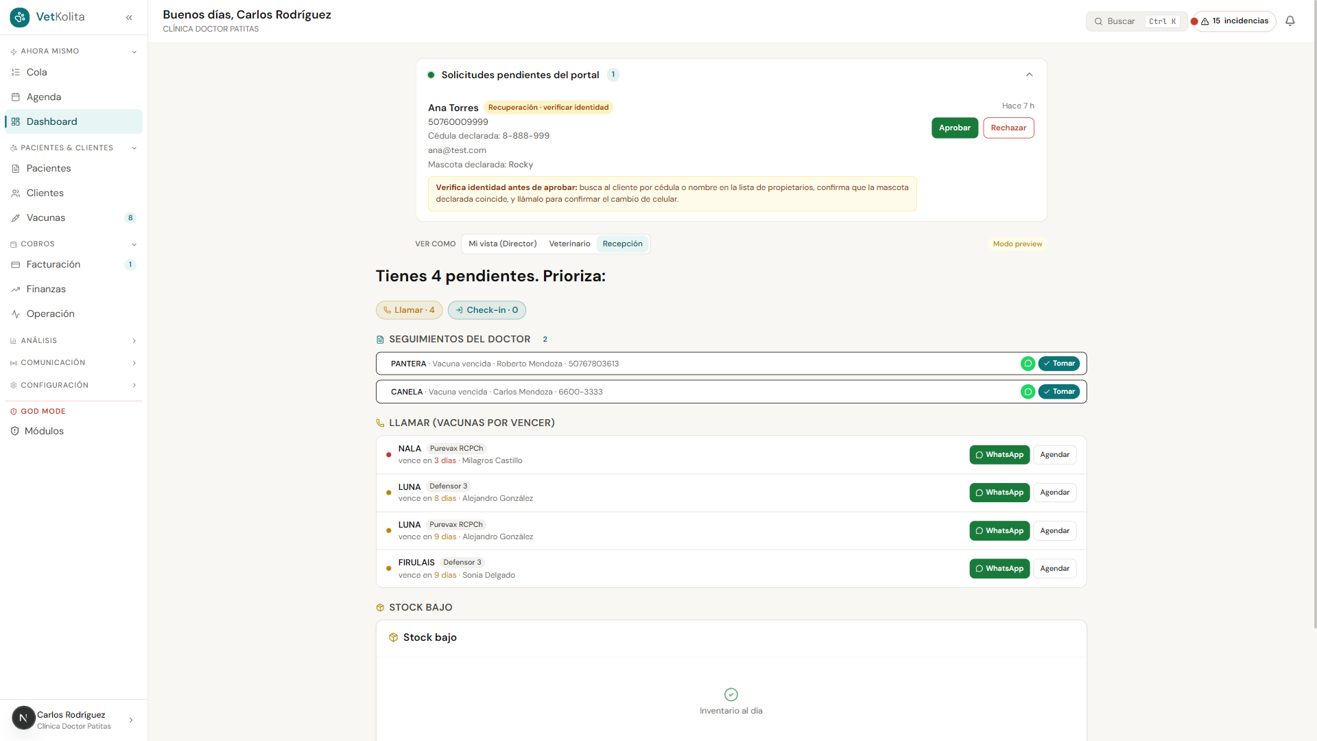 Dashboard de recepción VetKolita — pendientes priorizados